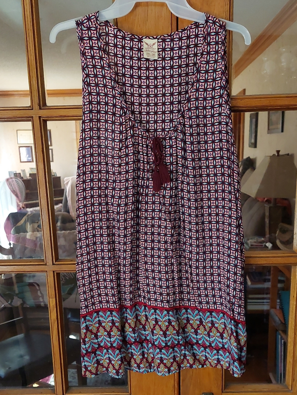 Faded Glory XXL Boho Sleeveless Printed Shift Top w Tassel Tie - Burgundy/Blue